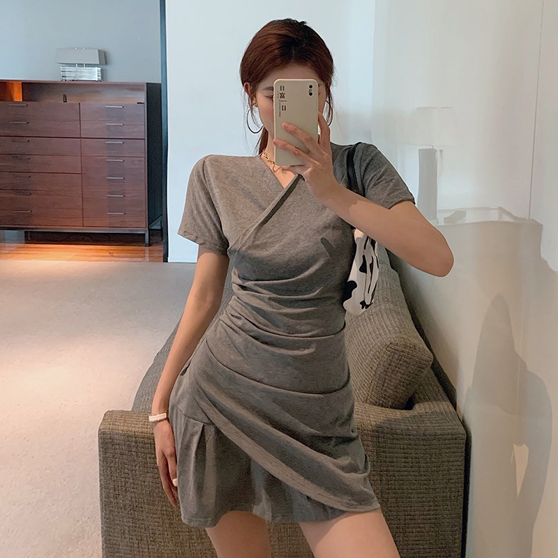 Đầm Thun Tay Ngắn Cổ Chữ V Thiết Kế Xếp Ly Thời Trang Mùa Hè Hàng Mới 2022 Dành Cho Bạn Nữ
