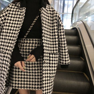 Set áo khoác dáng dài + chân váy len lưng cao thời trang nữ