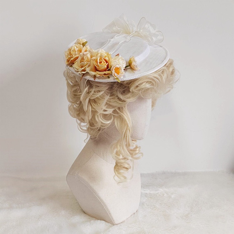 Nón Phẳng Đính Hoa Màu Vàng Nhạt Tinh Tế Phong Cách Lolita Thời Trang Đi Tiệc Trà Chiều