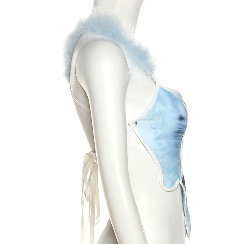 Áo Crop Top Hai Dây Phối Lông In Hình Mèo Gợi Cảm Cho Nữ