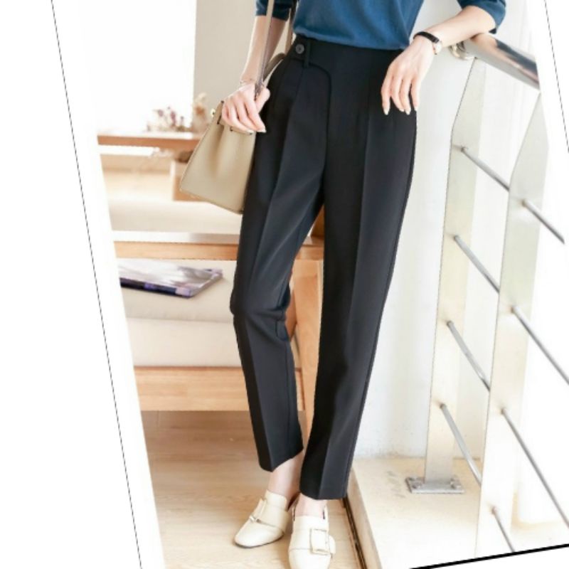 Quần baggy nữ lưng chun cạp cao cúc lệch