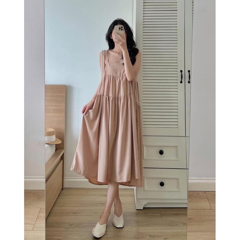 Váy Nữ Hai Dây Dáng Suông Xòe 3 Tầng Đầm Nữ 2 Dây Xanh Lá Hottrend Freesize Phong Cách Hàn Quốc