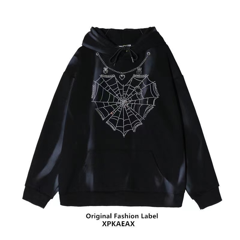 Xpkaeax Chính Hãng Áo Hoodie Nỉ Dày Lót Lông Cừu Lót Lông Cừu Thiết Kế Cảm Giác Mạng Nhện Đính Đá Phong Cách Đường Phố Cho