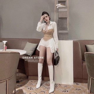 Áo sơ mi dài phối eo thun ôm - S0U