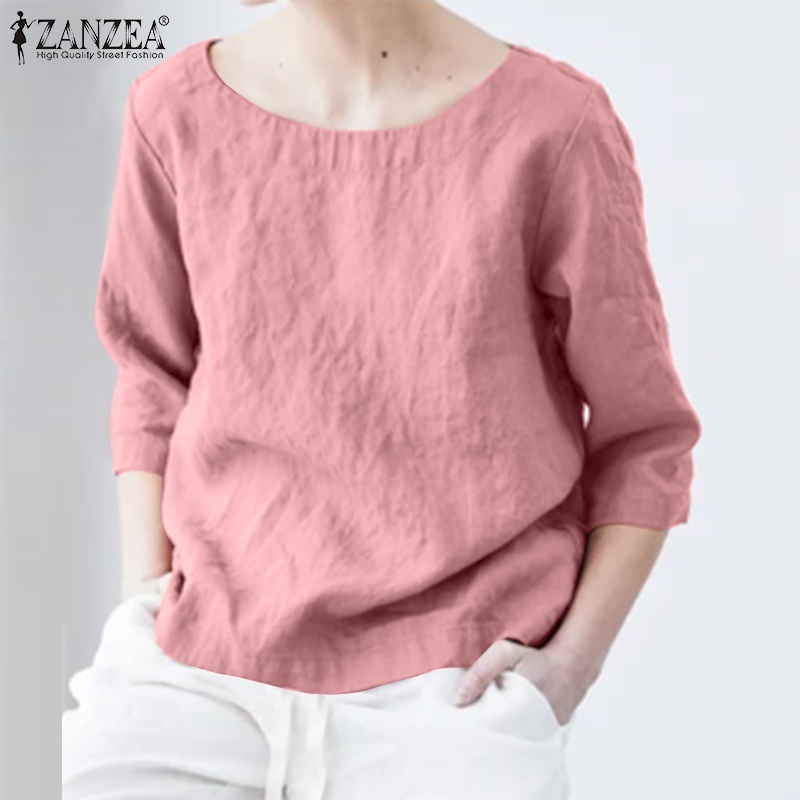 Zanzea Áo Kiểu Cổ Tròn Tay 3 / 4 Màu Trơn Dáng Rộng Thời Trang Cho Nữ