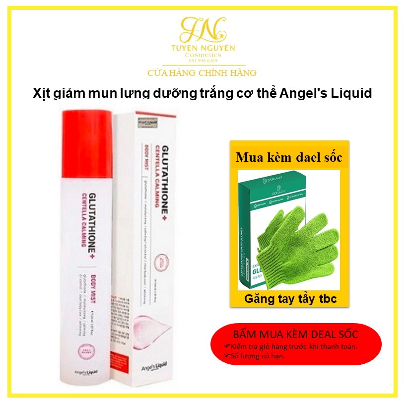 Xịt giảm mụn lưng dưỡng trắng cơ thể Angel's Liquid Glutathione Plus Centella Calming Body Mist 150ml