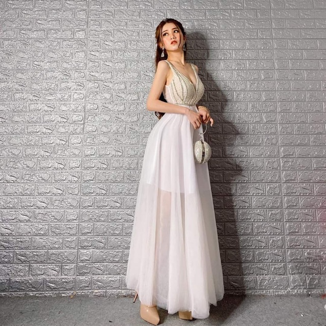 Đầm maxi dự tiệc 2 dây kết cườm TRIPBLE T DRESS -size M/L (kèm ảnh/video thật) MS18V