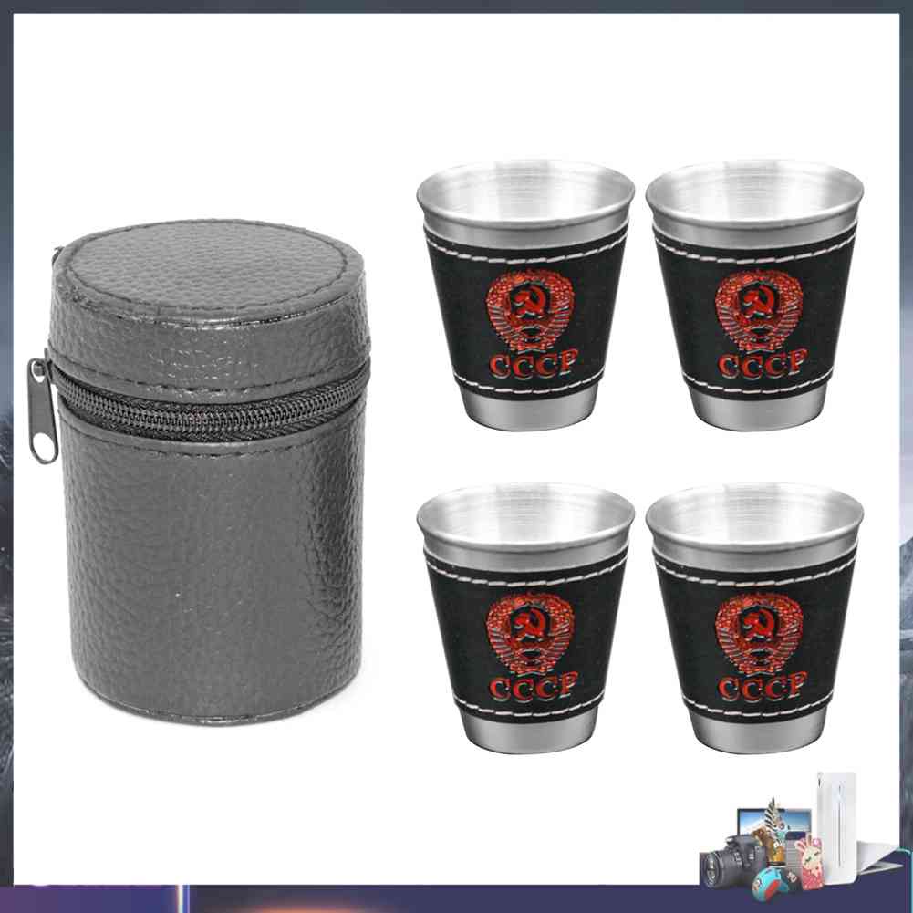 Set 4 Ly Uống Rượu Bằng Thép Không Gỉ 70ml Kèm Túi Da