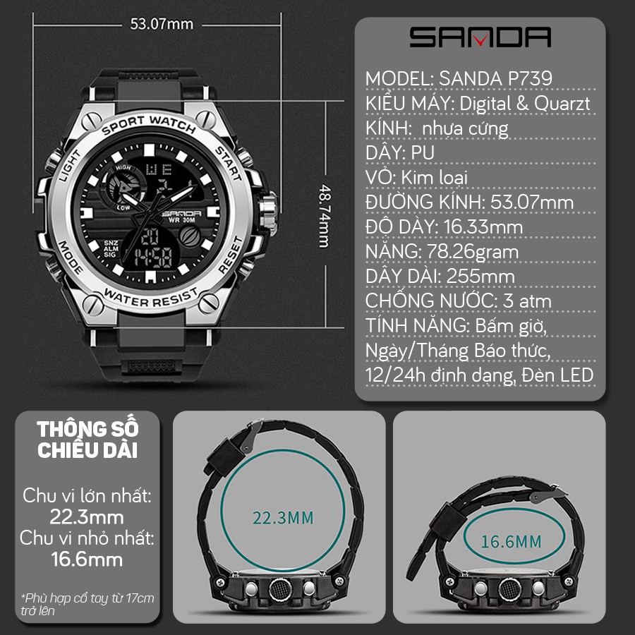 Đồng hồ Nam Sanda 739 Chạy 2 máy - Tặng hộp +Pin