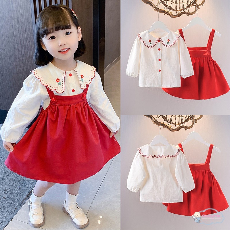 Đầm Yếm Thêu Hoa Thân Thiện Với Da Thoáng Khí Thời Trang Xuân Thu Cho Bé Gái