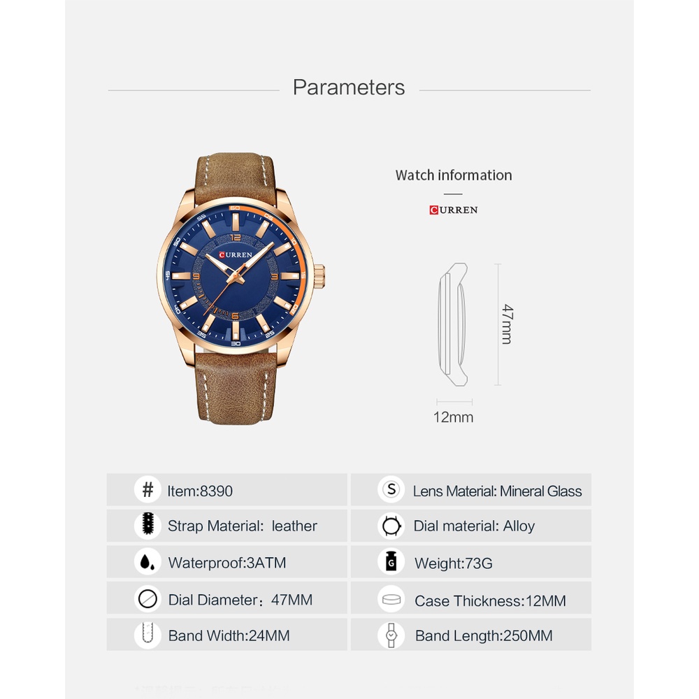 Đồng Hồ Quartz CURREN Chống Thấm Nước Với Dây Đeo Da 8390 XL