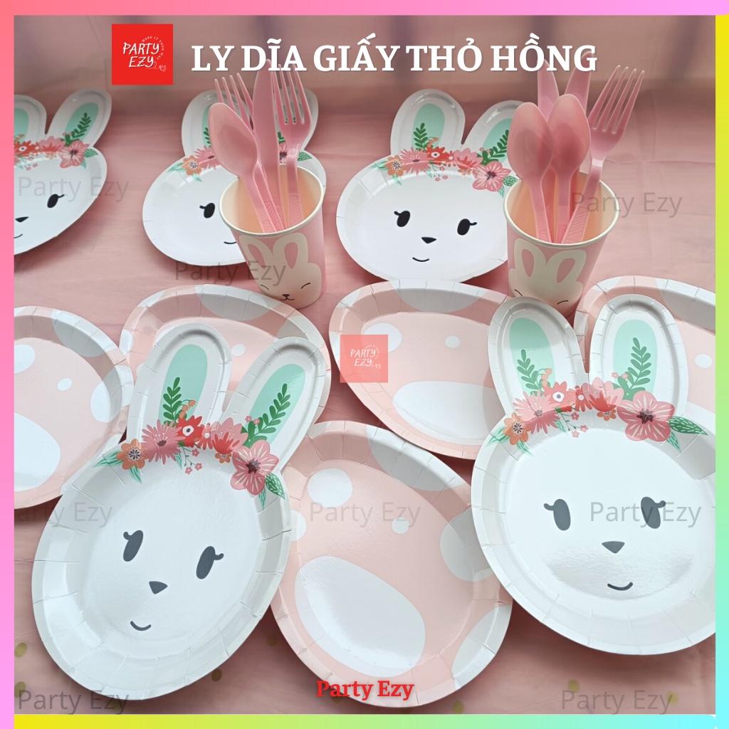 SET DĨA, LY GIẤY HÌNH THỎ HOA-TRỨNG HỒNG ĐÁNG YÊU (SET 8 CÁI)