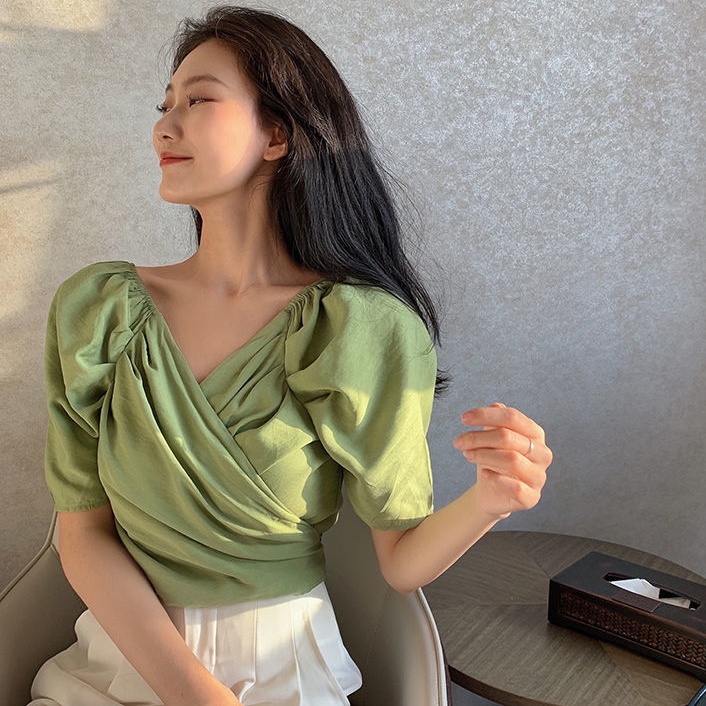 AMOI Áo Kiểu Tay Phồng Cổ Chữ V Thời Trang Cho Nữ