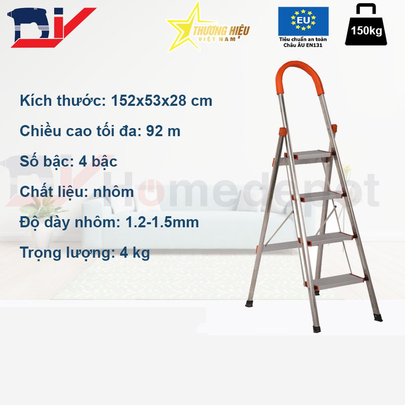 Thang nhôm ghế 4 bậc DIY TLN-04 chiều cao sử dụng 92cm, tải trọng 150kg - Hàng chính hãng - tiêu chuẩn an toàn Châu Âu