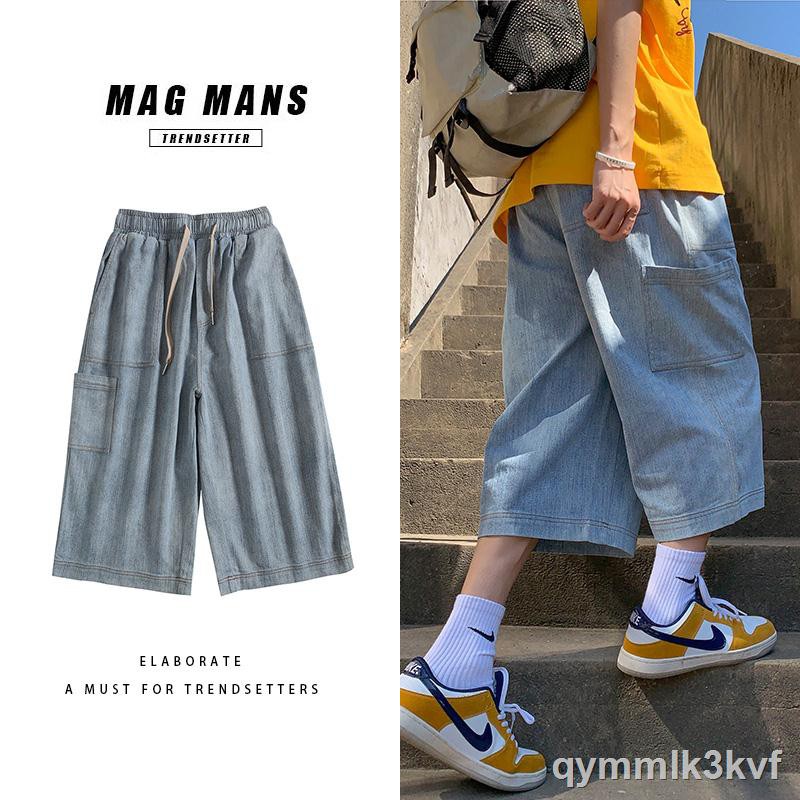 ✎❉quần short denim của nam giới mùa hè phong cách cảng phóng khoáng thẳng triều xu hướng thương hiệu ống rộng cắt