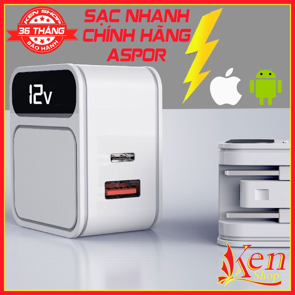 Cục Sạc Nhanh Màn Hình Led Hiển Thị Thông Số Cho Các Thiết Bị Điện Tử Iphone Samsung 1 Cổng PD + 1 Cổng USB Chính Hãng