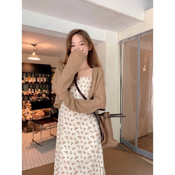 Set Váy Hoa Nhí 2 Dây Xốp Chun Sau Kèm Khoác Len Nâu Có Ảnh Thật Clara Siêu Xinh