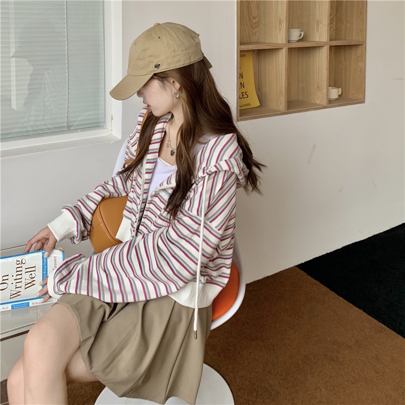 Áo Khoác cardigan Có Nón Dáng Rộng Ngắn Họa Tiết Kẻ Sọc Thời Trang Mùa Thu 2022 Mới