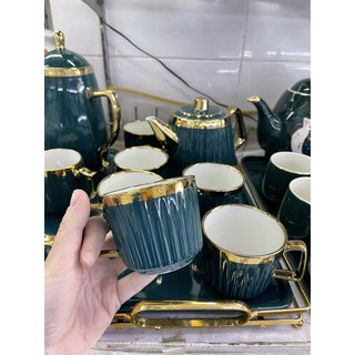 Bộ ấm chén sứ xanh trắng sọc dọc