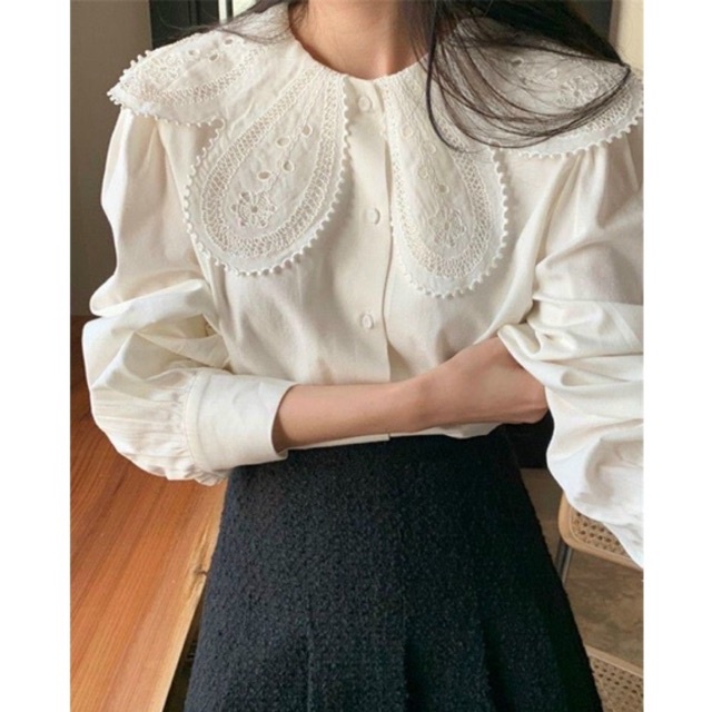 Áo Kiểu Tay Bồng Vintage Cổ Ren Siêu Xinh A24, Áo Sơ Mi Bánh Bèo Ulzzang Nữ Ảnh Thật Lekemqc 🦋