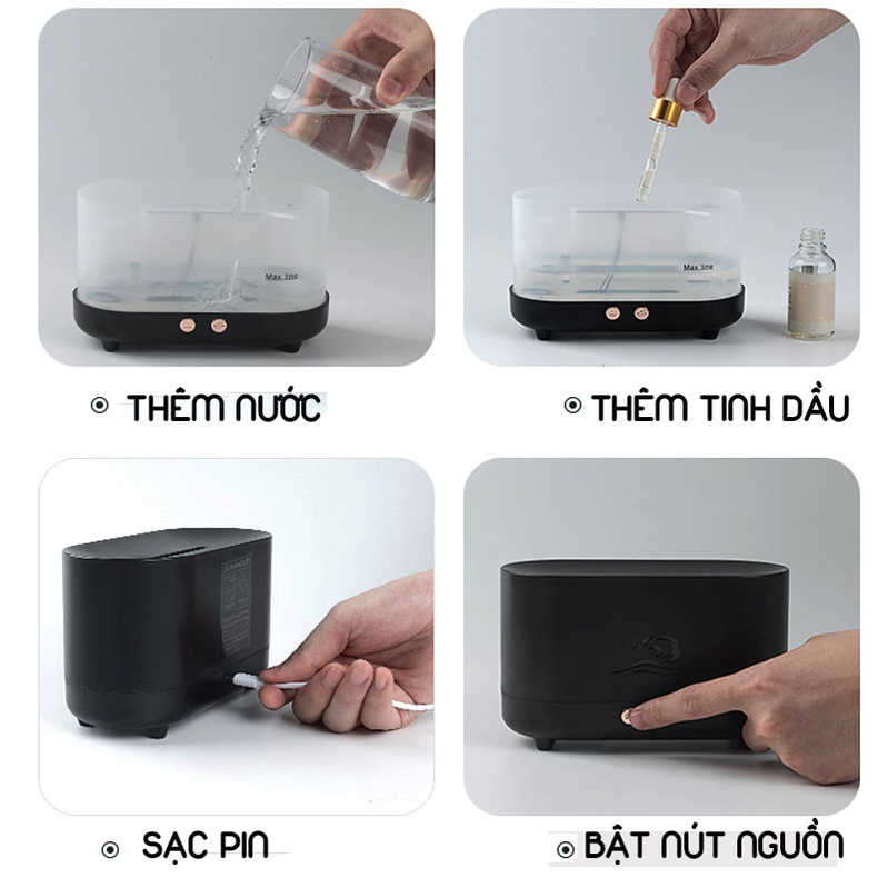 Máy phun sương đèn xông tinh dầu khuếch tán hình ngọn lửa tạo độ ẩm phòng ngủ,máy xông hơi thơm phòng có đèn led  BH 6th