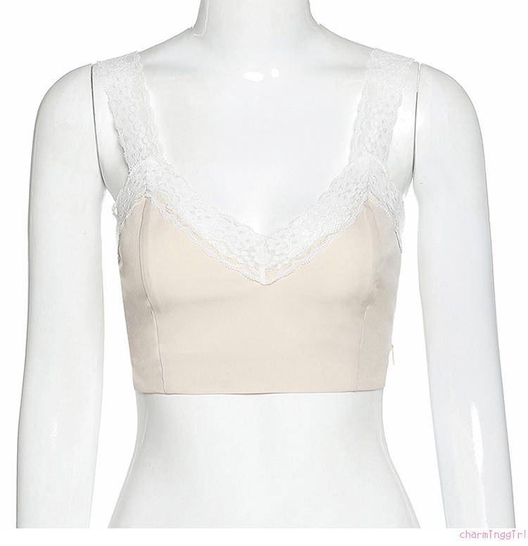 Áo Hai Dây Cổ Chữ V Phối Ren Màu Trơn Kiểu Dáng Quyến Rũ