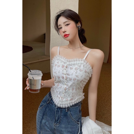 DUNEA Áo Hai Dây Hở Vai Phối Ren Họa Tiết Hoa Quyến Rũ Cho Nữ 3.3