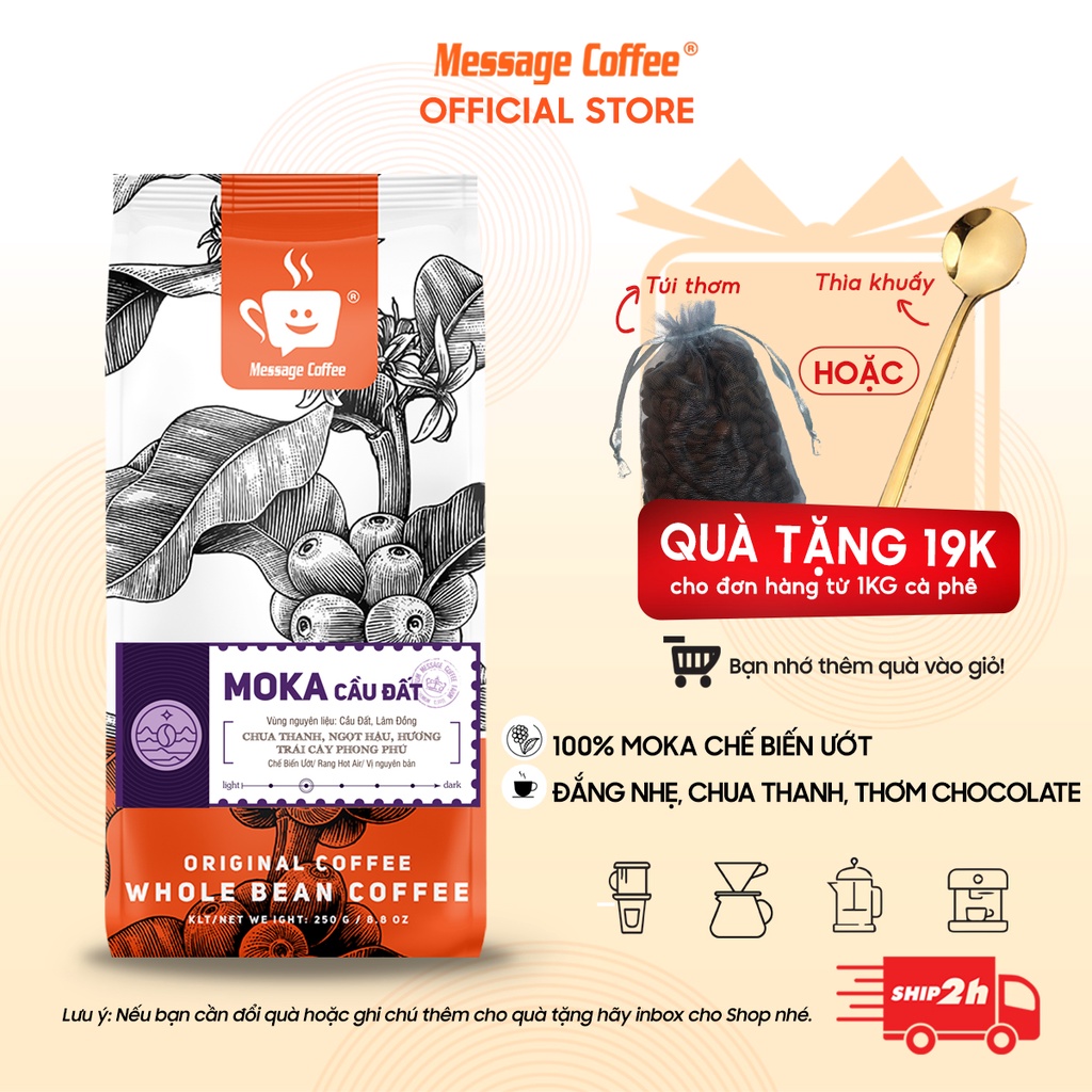 Cà phê nguyên chất MOKA Cầu Đất rang mộc thượng hạng, ca phe hạt cao cấp pha máy, pha coldbrew ngon từ Message Coffee