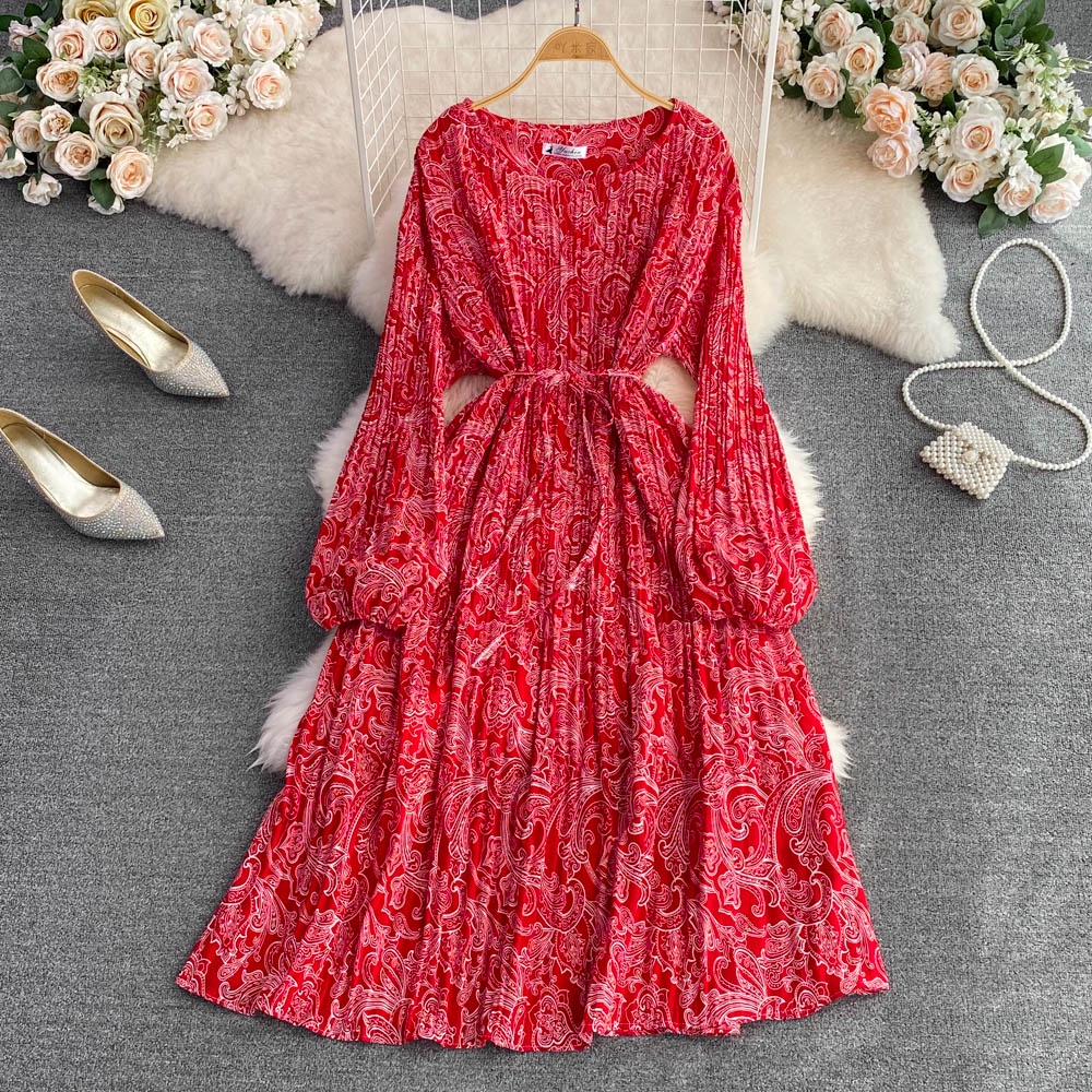 Đầm tay dài cổ tròn 8 màu họa tiết cột dây eo freesize dáng tay đèn lồng
