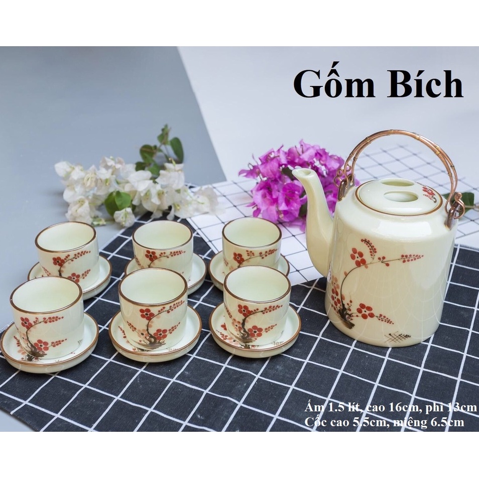 Bộ Ấm Tích Men Kem Vẽ Hoa - Gốm Sứ bát Tràng