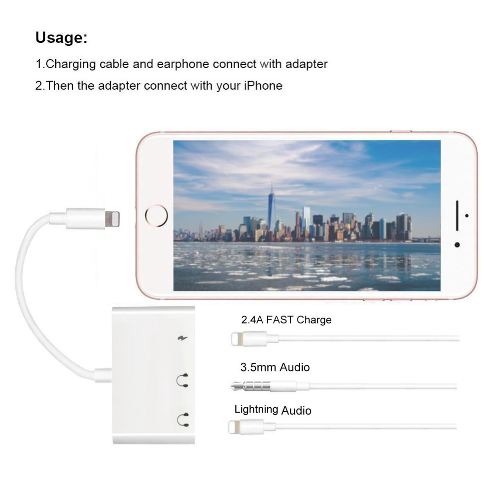 DĐầu chuyển đổi cổng lightning sang 2 cổng sạc iPhone và giắc tai nghe 3.5m 3 trong 1