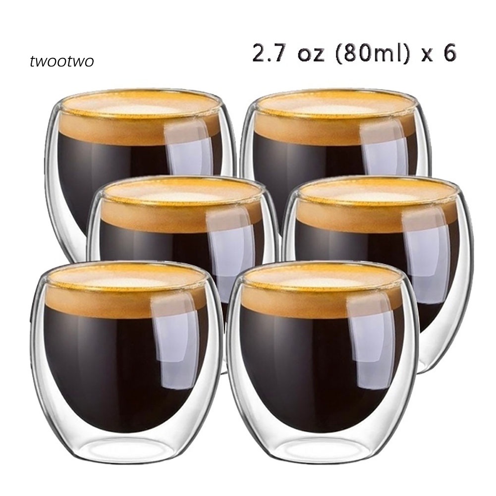 Set 6 cốc thủy tinh uống trà cà phê 80ml 2.7oz cách nhiệt hai lớp