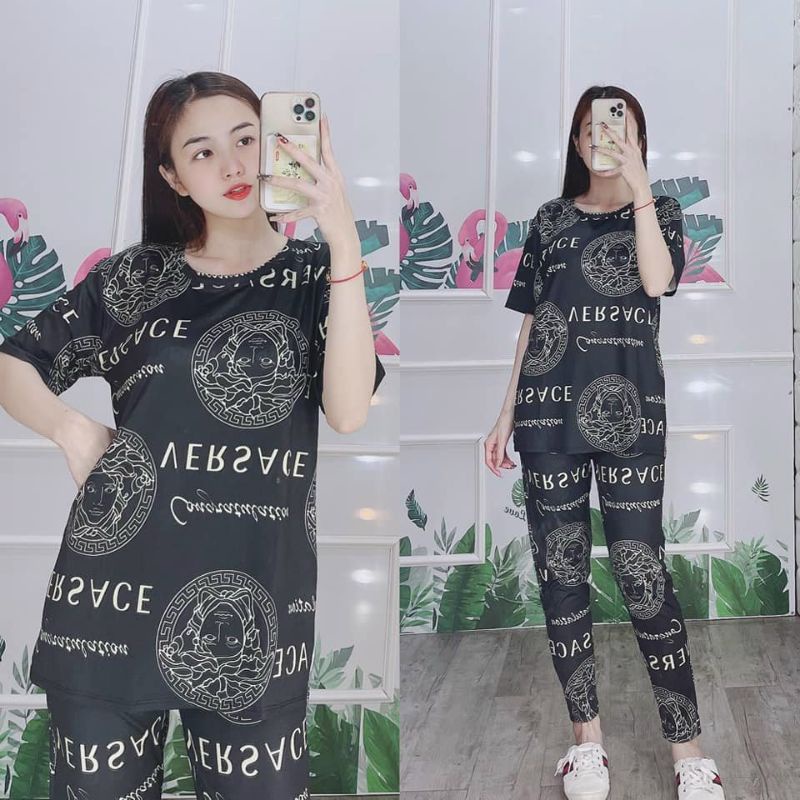 Đồ bộ nữ thun thái in 3D quần dài, set bộ nữ mặc nhà vải mát