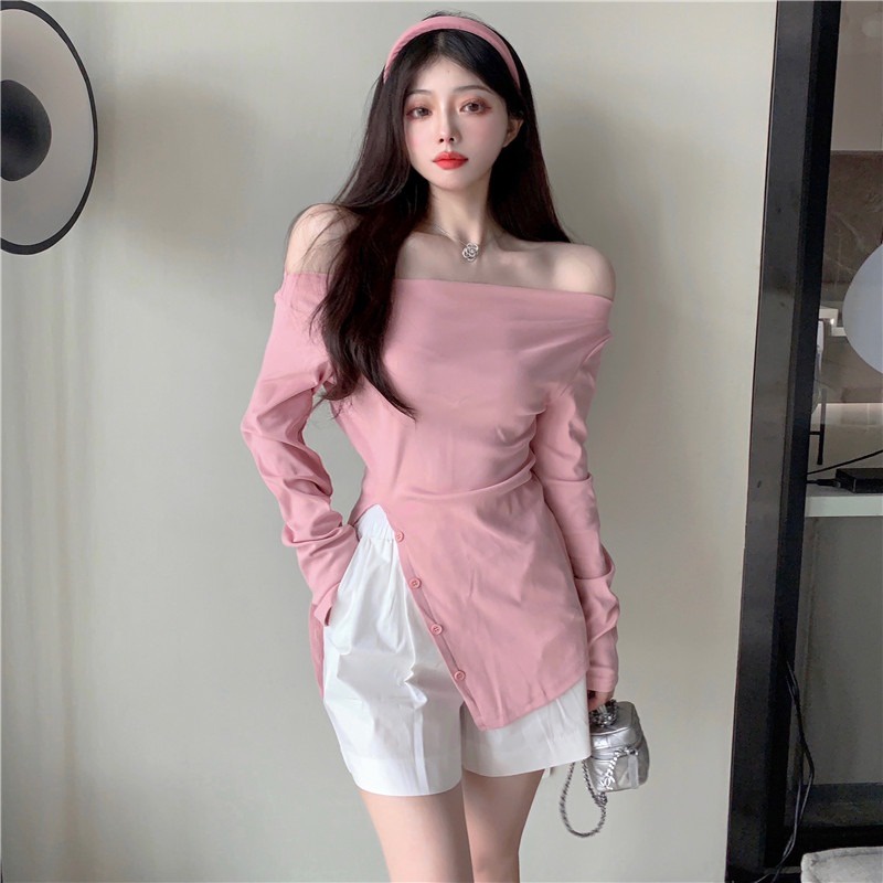 Set Áo Trễ Vai Tay Dài + Quần Short Phong Cách Hàn Quốc Thanh Lịch Cho Nữ