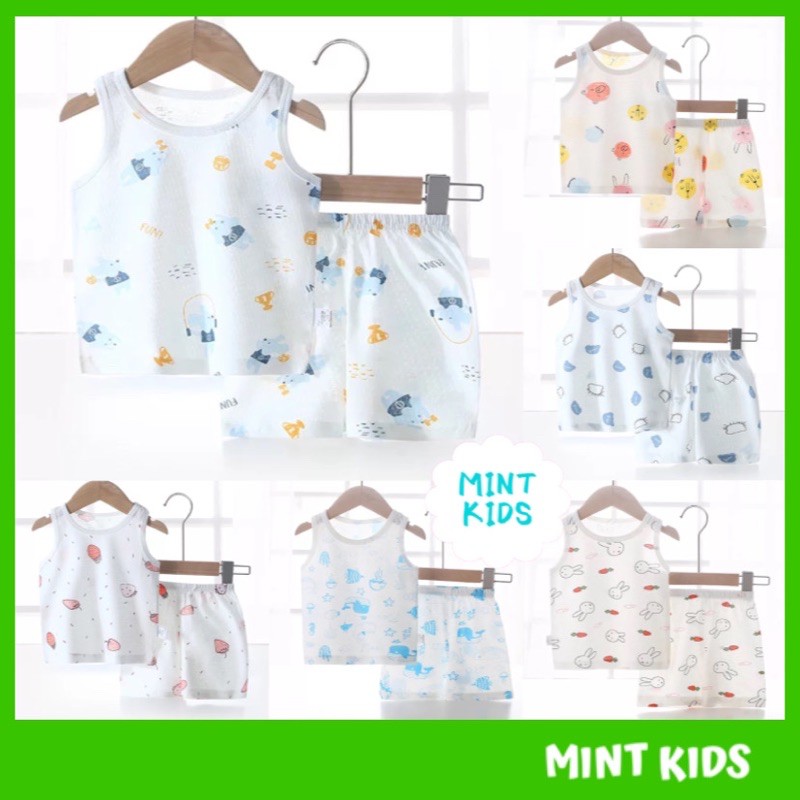 Bộ quần áo ba lỗ cotton sợi tre thoáng mát hoạ tiết ngộ nghĩnh cho bé