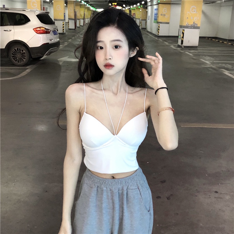 Áo croptop Xiaozhainv hai dây màu trơn có đệm ngực thời trang mùa hè quyến rũ cho nữ