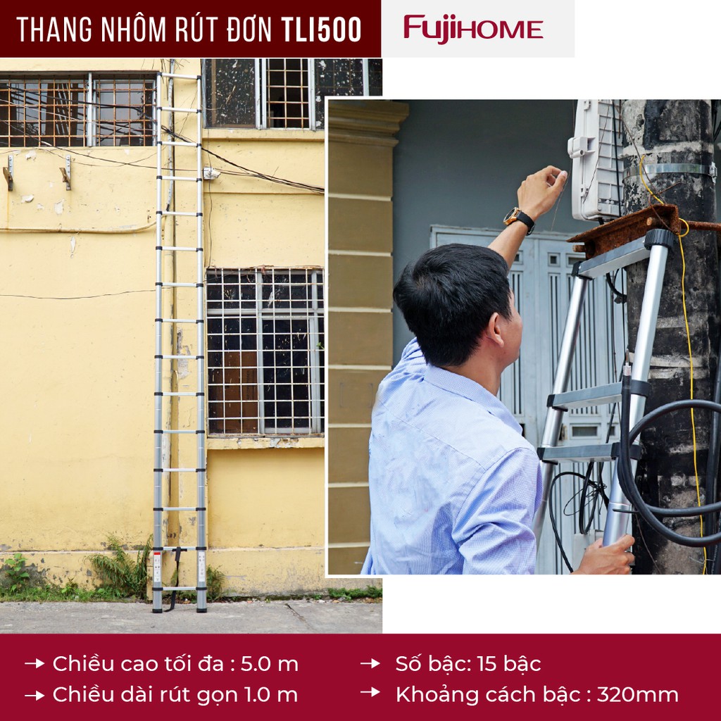 Thang nhôm rút đơn Nhập Khẩu 3,8m - 4,4m - 5m gấp gọn Nhật Bản FUJIHOME, thang rút xếp gọn telescopic ladder chính hãng