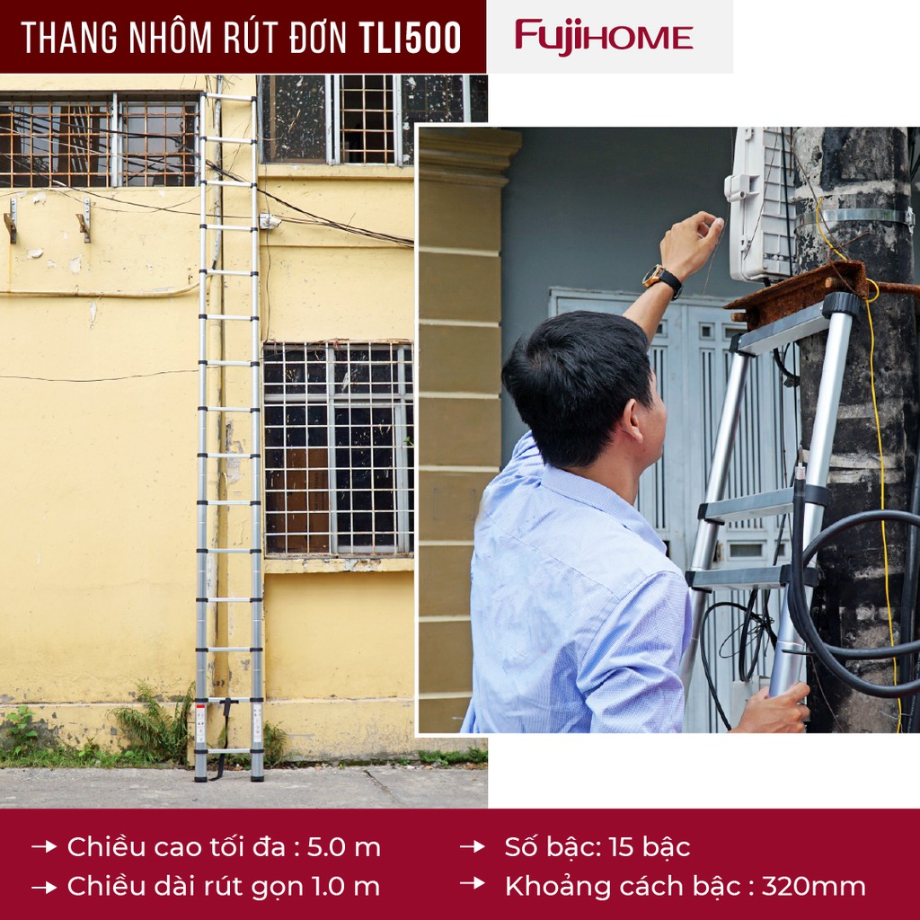 Thang nhôm rút đơn Nhập Khẩu 3,8M - 4,4M - 5M gấp gọn chính hãng FUJIHOME, thang rút xếp gọn gia đình đa năng Nhật Bản