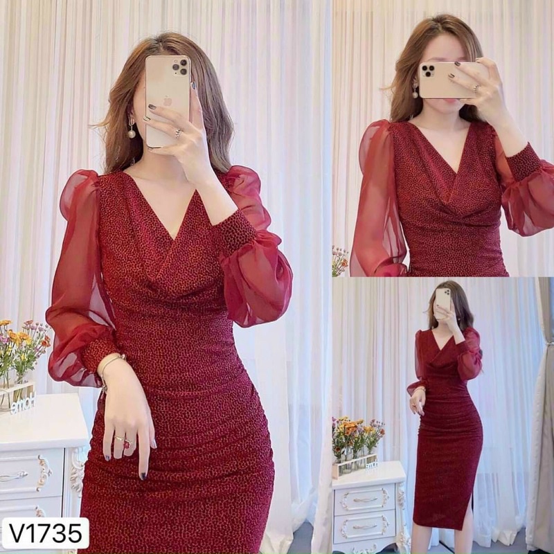 Đầm body đỏ đô tay dài phồng bo cổ tay xinh TRIPBLE TDRESS
