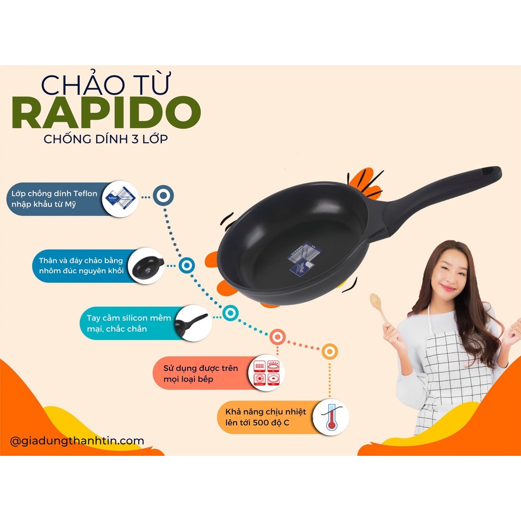 Chảo từ Rapido 3 lớp chống dính teflon (size 20-24-28cm) - siêu bền, chịu nhiệt lên tới 500 độ