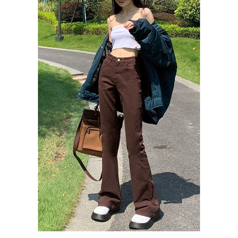 Quần Jean Ống Loe Lưng Cao Màu Nâu Thời Trang Thu Đông Hàng Mới 2022 Dành Cho Bạn Nữ