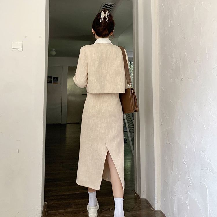 Set Áo Khoác Tay Dài + Chân Váy Xẻ Tà Thời Trang Mùa Thu 2022 Cho Nữ