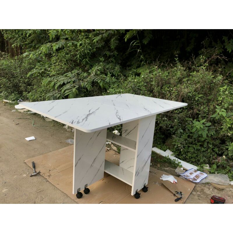 [ẢNH THẬT] Bàn ăn gỗ gấp gọn, Bàn ăn gỗ mặt vân đá có bánh xe dễ di chuyển | BigBuy360 - bigbuy360.vn