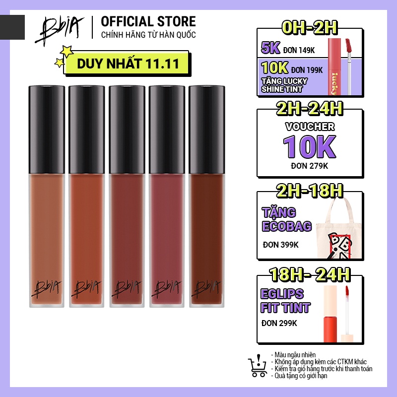[Mã FMCGMALL -8% đơn 250K] Son kem lì Bbia Last Velvet Lip Tint Version 8 (5 màu) 5g - Bbia Official Store