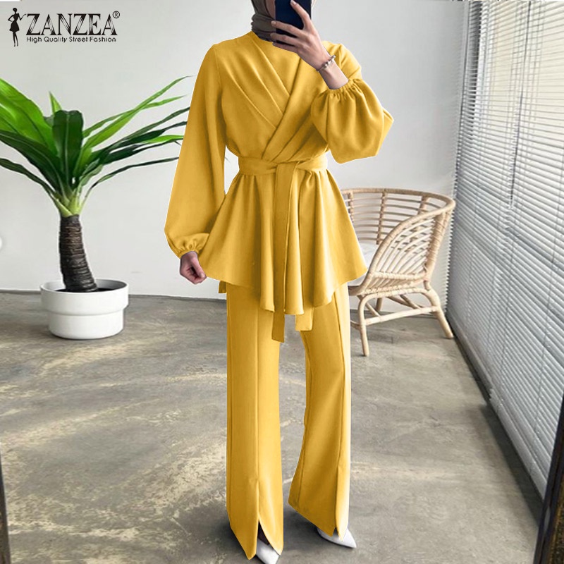 Set trang phục ZANZEA áo kiểu tay dài và quần dài ống loe thời trang dành cho nữ