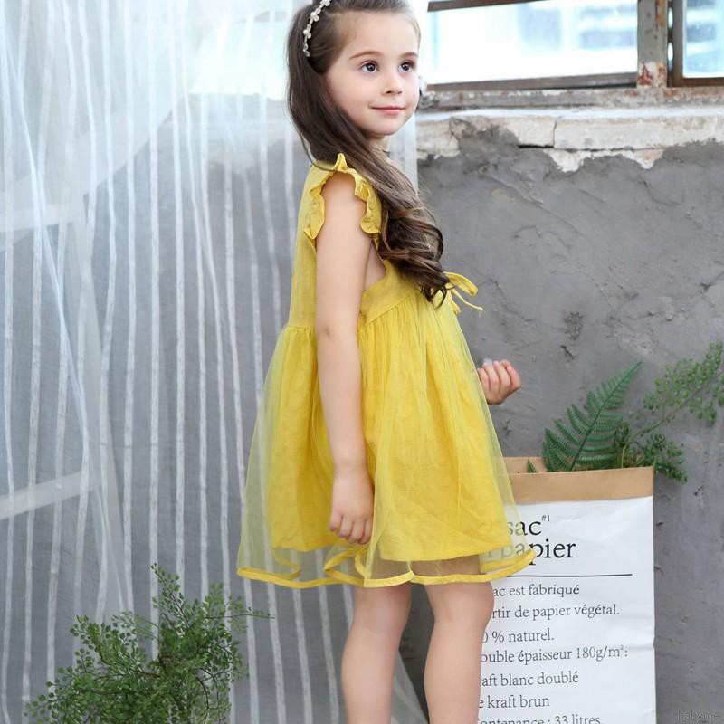 ♕ babyme ღ Baby Girls Solid Print Mesh Dress Cotton Flare Sleeve Sundress