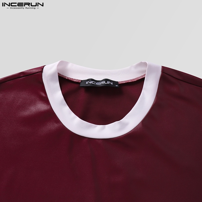 INCERUN Áo Thun Da Ngắn Tay Dáng Ôm Phối Màu Tương Phản Thời Trang Mùa Hè Cho Nam