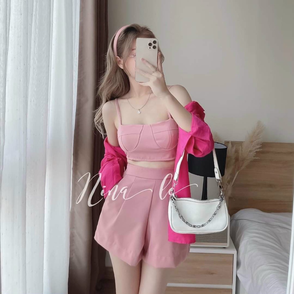 Set 3 Món Áo Sơ Mi Tơ Xước Và Quần Ngắn Kèm Áo Trong Có Mút Ngực Rose Fashion