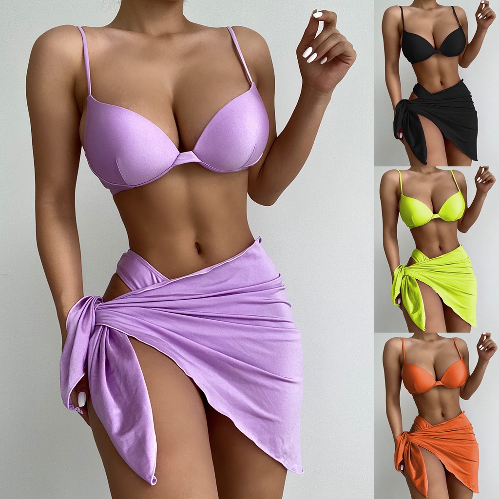 HAM67 Bikini 3M màu trơn áo gọng kèm khăn