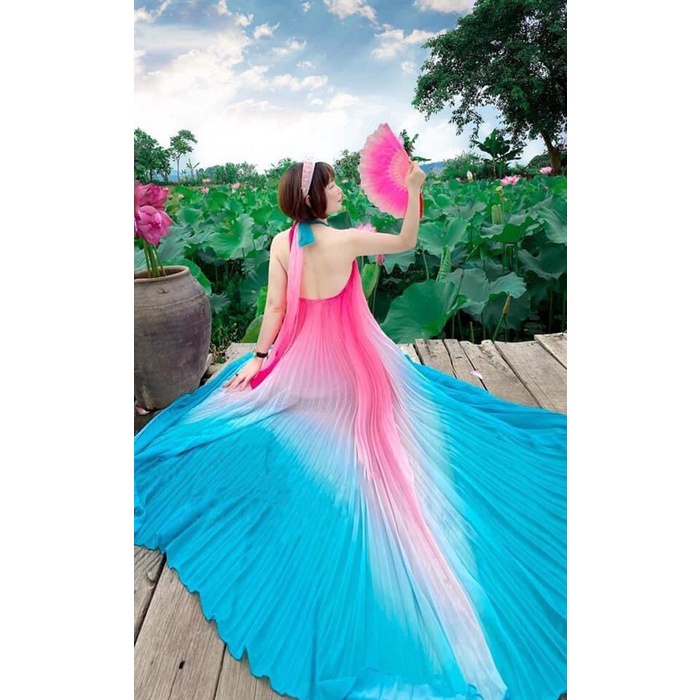 Đầm maxi đi biển cổ yếm dập ly loang màu xinh đẹp maxi dáng dài cá tính chụp hình sống ảo bồng bềnh quý phái nàng thơ